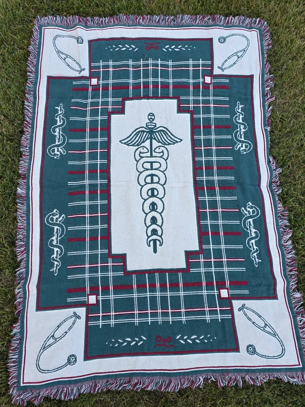 Vintage Medical Caduceus Fringe Woven Throw Blanket 63x43